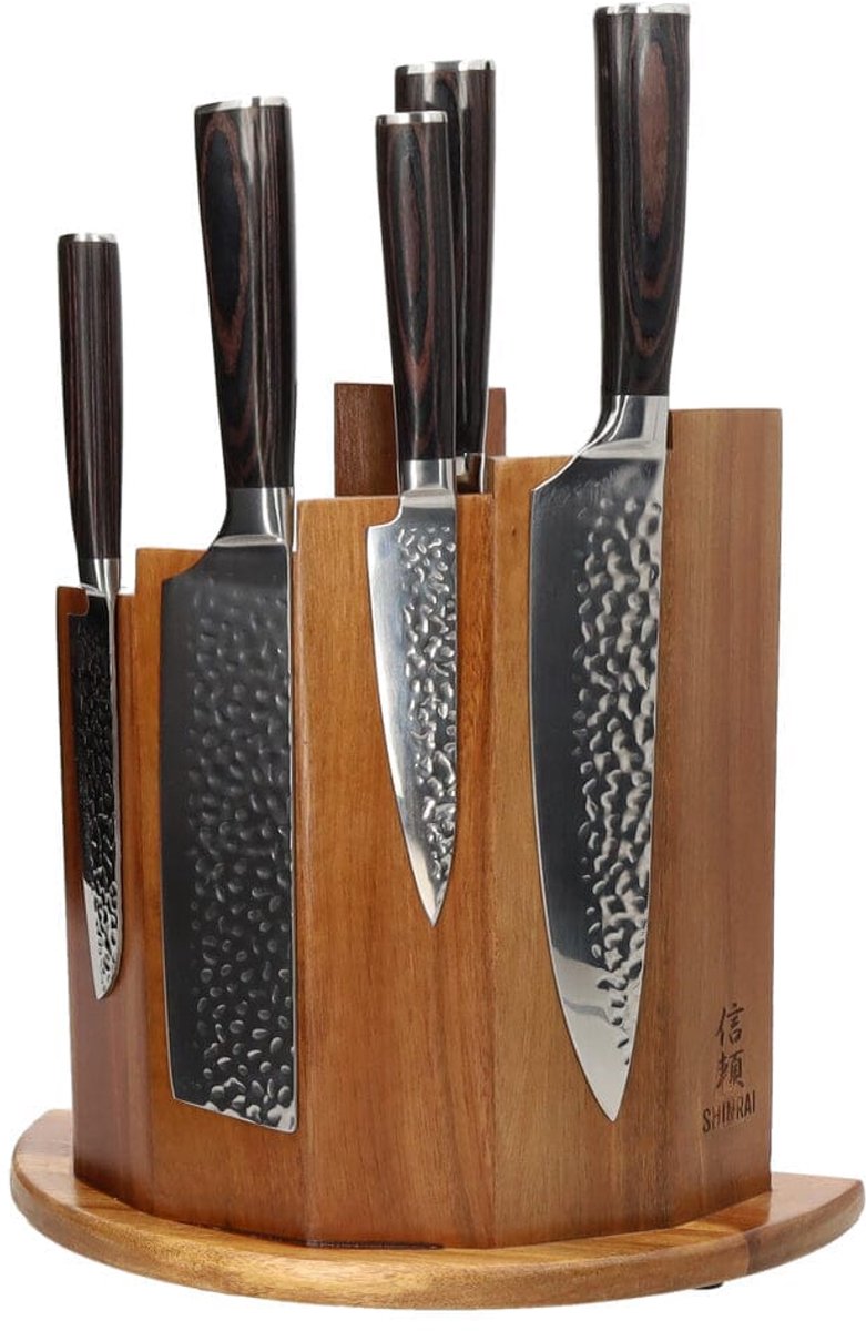 Shinrai Knives - Hammered RVS 6-delige Messenset + Magnetisch Messenblok Scalae - Acacia hout