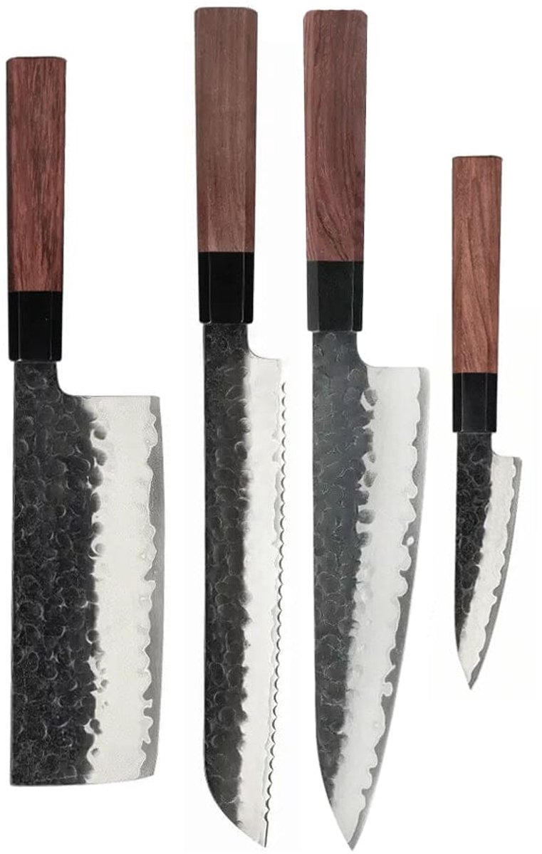Shinrai Knives - Kurayami 4-delige Damascus Messenset - Koksmes + Broodmes + Nakiri + Schilmes