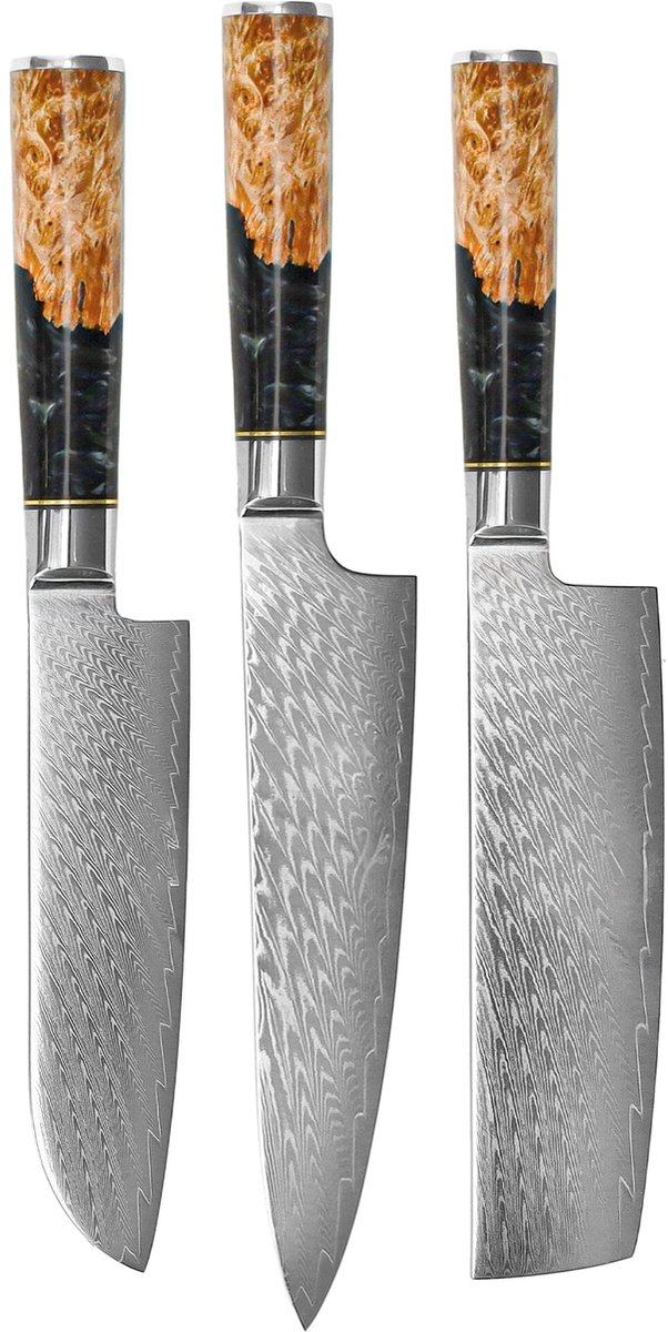 Shinrai Knives - Epoxy Onyx 3-delige Damascus Messenset - Koksmes + Nakiri + Santoku