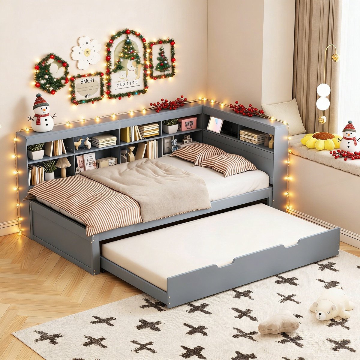 MODFU Multifunctioneel Slaapbankbed – Massief hout grijs – 90x200 + uitschuifbaar 90x190 – Met USB & opbergruimte