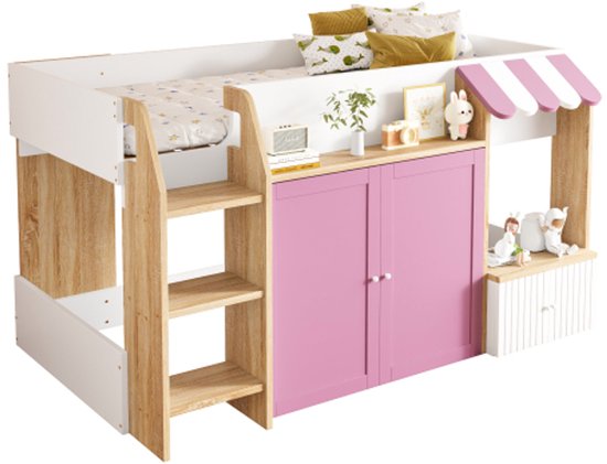 Lit enfant lit maison 90x200, avec espace de rangement ouvert, avec échelle d'escalade, lit mezzanine enfant mi-hauteur, lit superposé enfant en bois massif sans matelas, couleur bois + rose