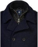 Sluiting van een donkerblauwe peacoat met dubbele rij knopen en een staande ribkraag.