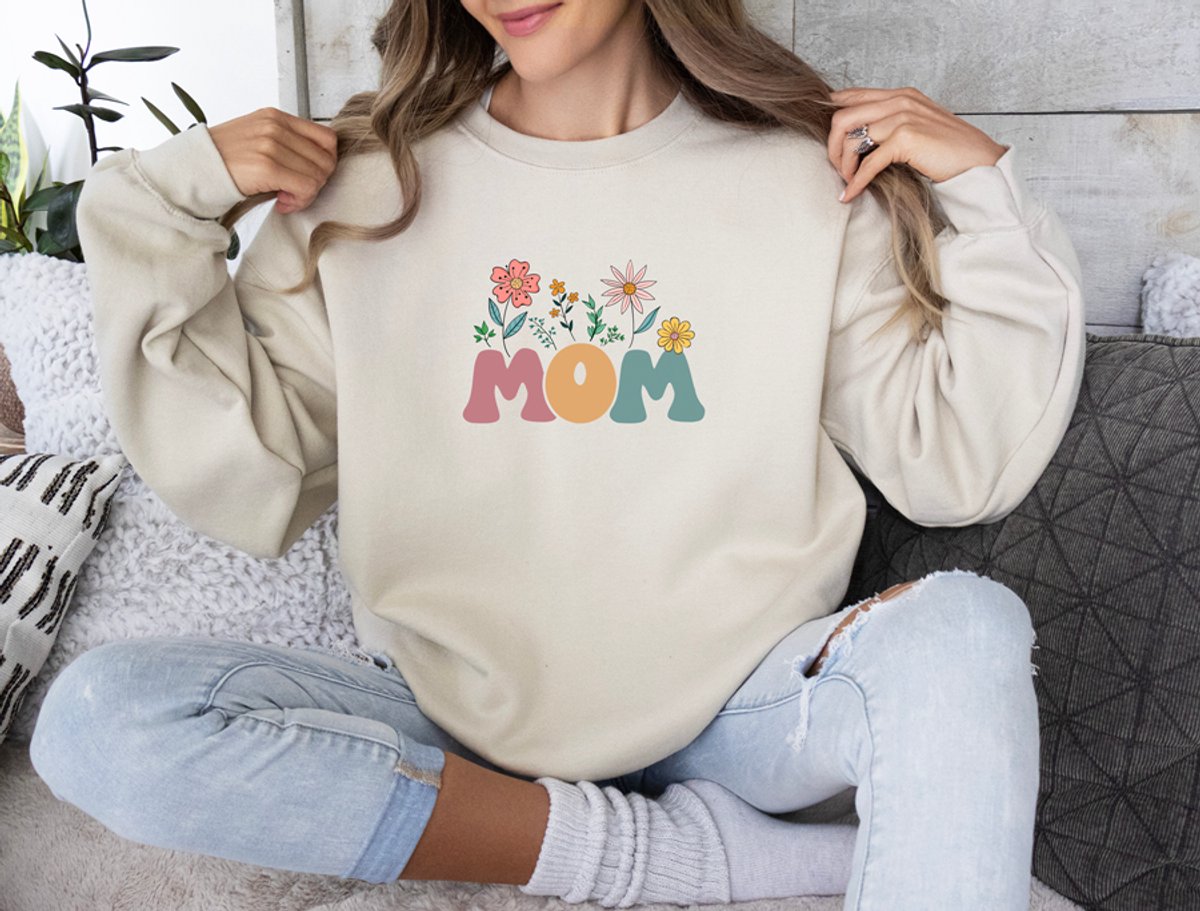 Beige Oversized Sweater voor Vrouwen - Mom Print met Bloemen - Large - Comfortabele Trui - Perfect Cadeau voor Moeders
