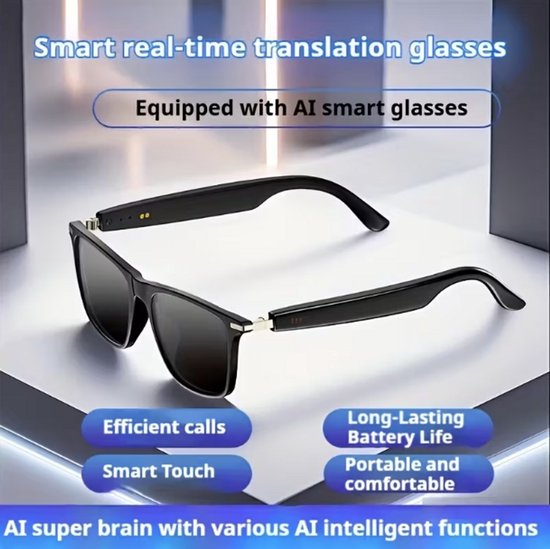 Real-Time Vertaalbril met Spraakherkenning in 160+ Talen – AI Translator Smart Glasses Real– Bluetooth – Discreet & Draadloos – Voor Reizen, Zakelijk, Studie & Social Talk – Stijlvolle Bril in met Zwarte Glazen en Zwart Montuur | House of Discovery