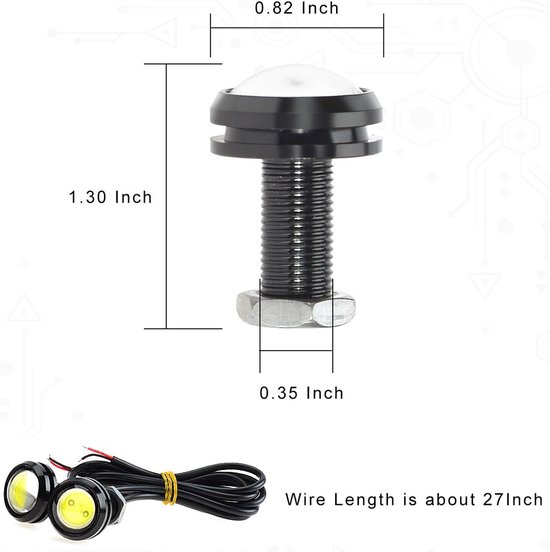 Afmetingen van een witte LED-lamp: hoogte 1,30 inch, breedte 0,82 inch, schroefdraad 0,35 inch. Draadlengte is ongeveer 27 inch.