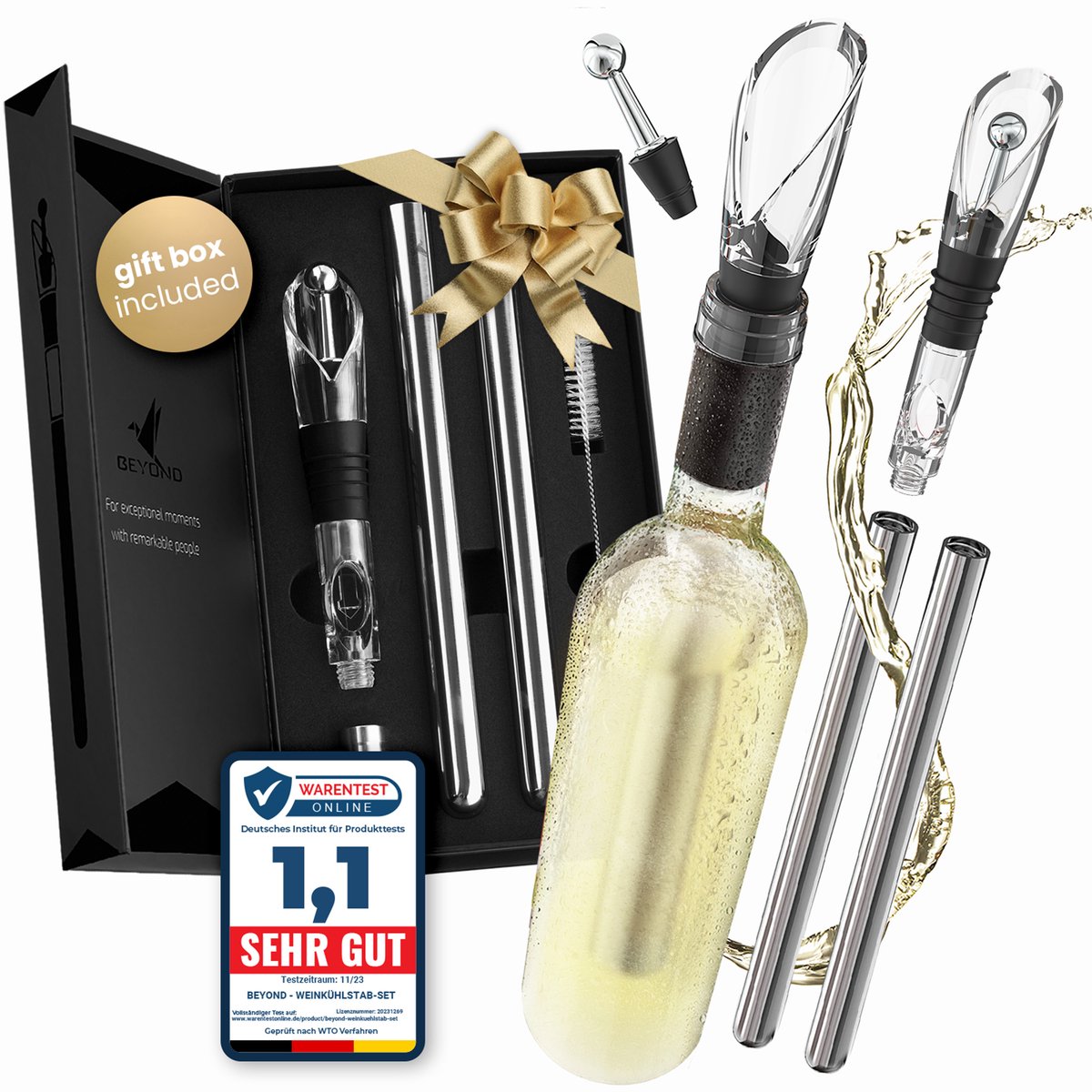 Beyond Wijnkoeler Staaf RVS met Schenktuit – Wijnkoelerstaaf Wijnaccessoire en Cadeau voor Wijnliefhebbers Man Vrouw | Flessenkoeler Koelset voor Witte en Rode Wijn Geschenkidee (Cadeauset)