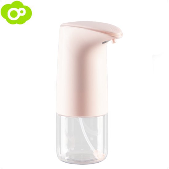 Roze automatische zeepdispenser met transparante opvangbak, staand