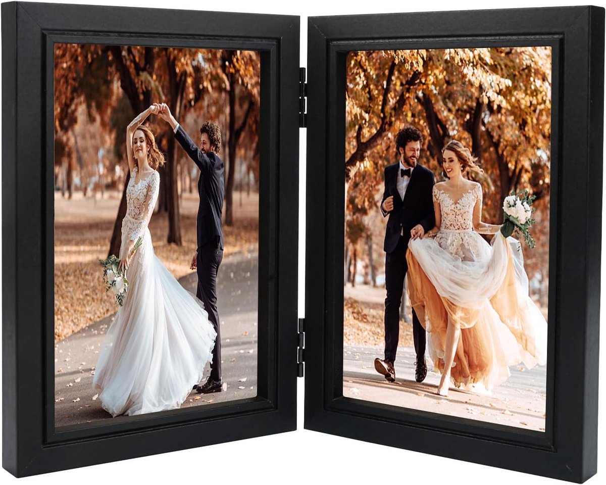 Famanu Dubbel opvouwbare fotolijst 10x15 cm, draaibaar glazen front, high definition Zwart