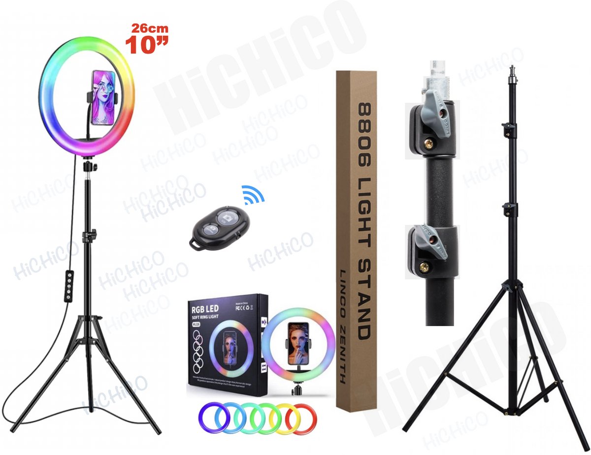 HiCHiCO® Ringlamp RGB MJ26 10inch - Verstelbaar statief 210cm & afstandsbediening - Studiolamp – Ring Light - Selfie Ringlight voor Telefoon - Statief - Tik tok - flitser – Make up light – Studiolamp