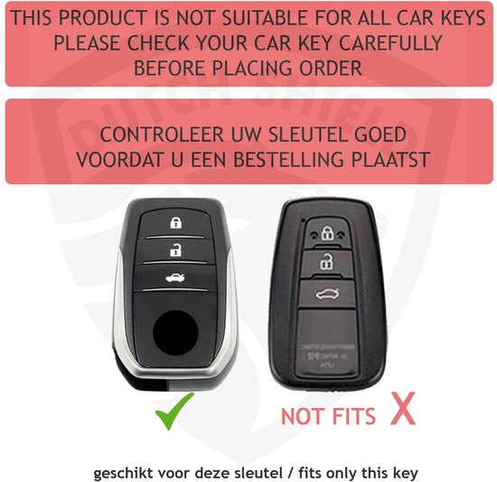 Twee autosleutels, een met groen vinkje, ander met rood kruis. Tekst: "THIS PRODUCT IS NOT SUITABLE FOR ALL CAR KEYS"