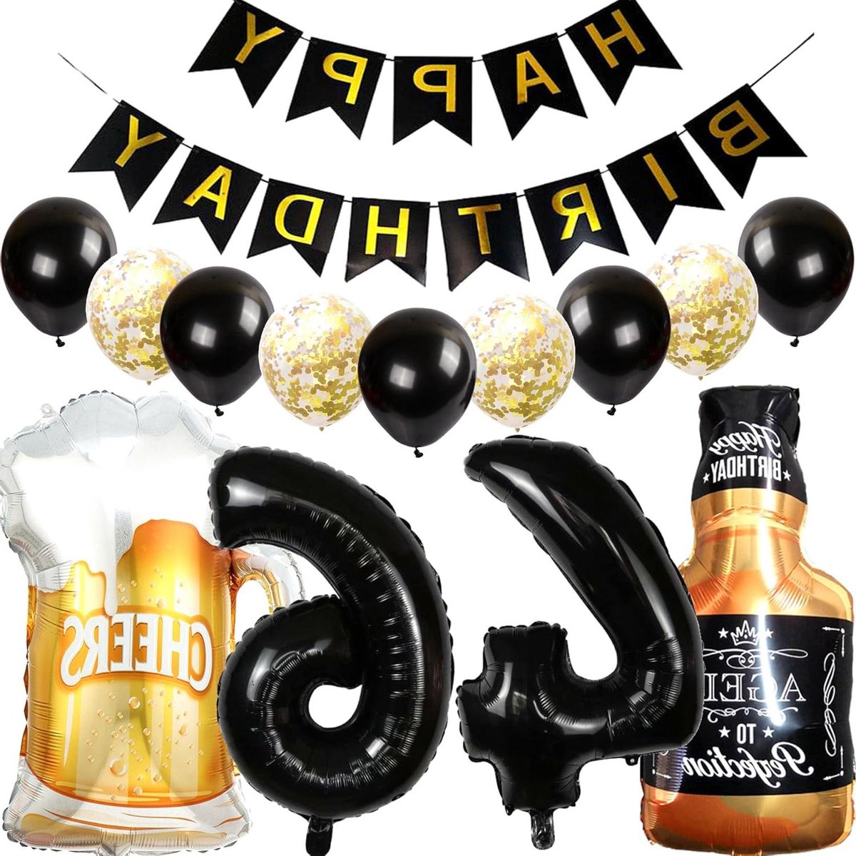 Provento – Verjaardagsdecoratie 46 jaar man vrouw, folieballon whiskey bierglas wijnfles, Happy Birthday banner