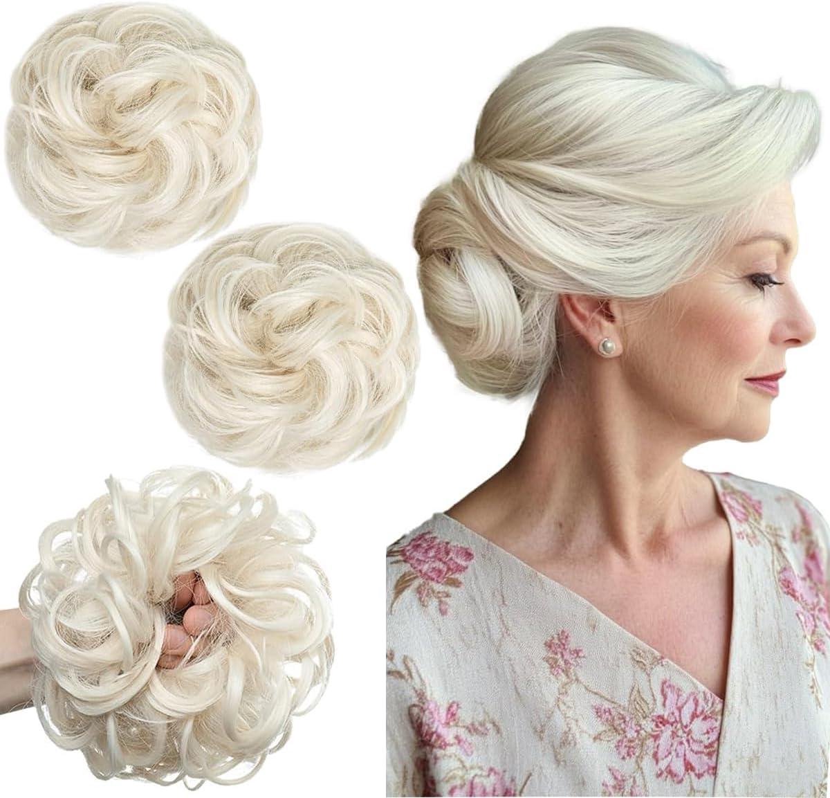 Provento - Set van 2 Rommelige Haarknot Extensions - Krullend en Elastisch - Gemakkelijke Scrunchies voor Vrouwen en Meisjes - Grote Synthetische Donut Updo Haar Chignons in Platina Blond