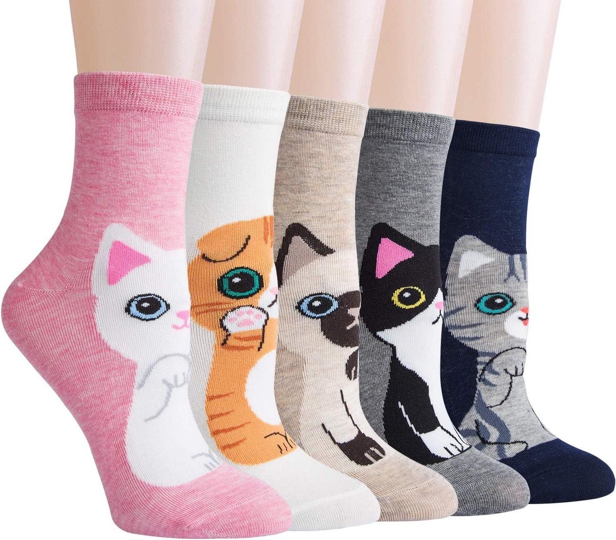 Ronte - Kleurrijke damessokken 5 paar, grappige dierenmotieven, katoenen sokken, herbruikbaar, groen - Dames - Meisjes - One Size