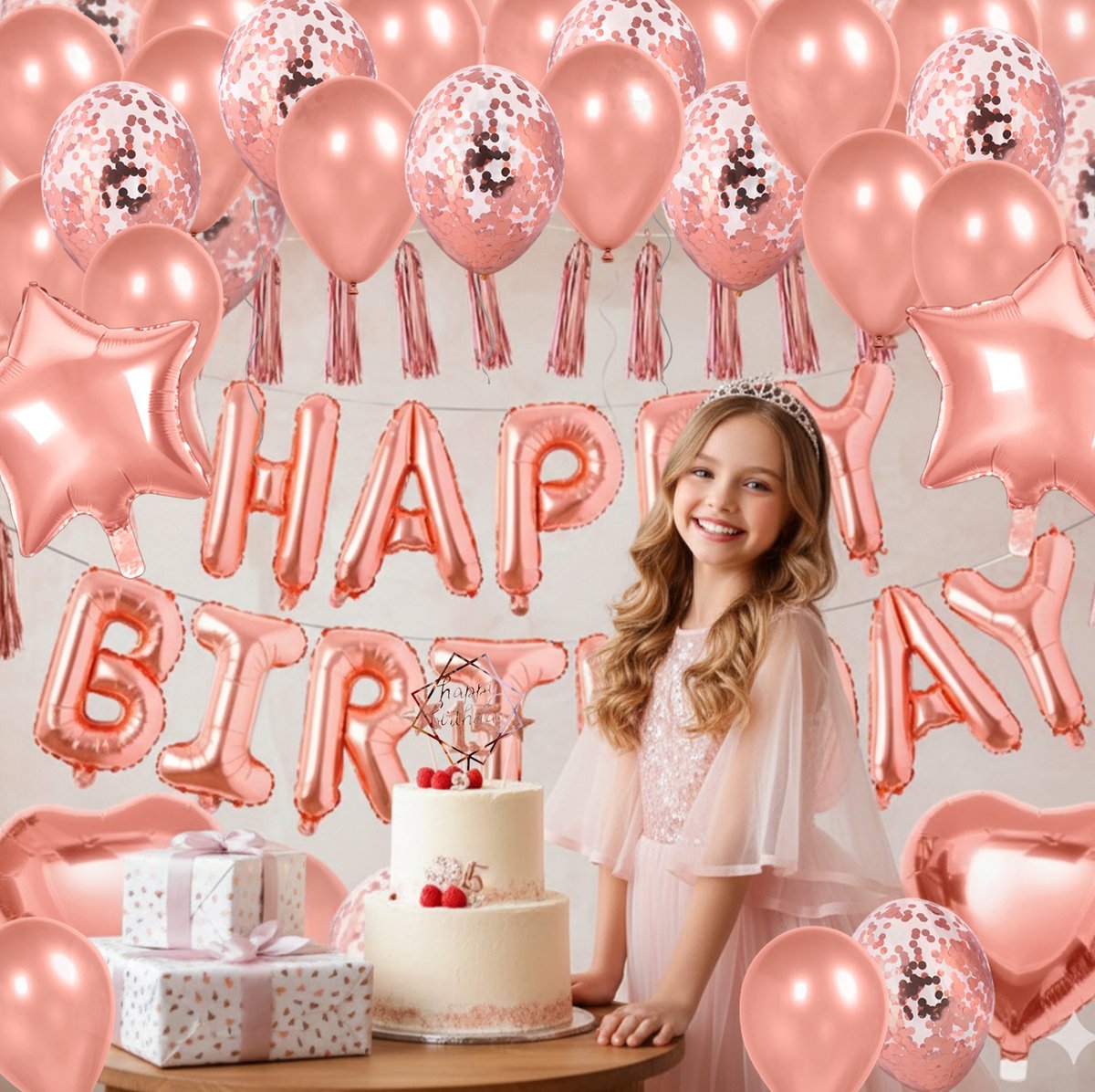 Vitamo™ Roségoud Verjaardag Versiering met Ballonpomp - Cake Topper - Feestversiering - Happy Birthday Feestpakket - Ballonnen - Slinger - Verjaardagsfeest - Feestartikelen - Roze Goud Feestdecoratie XL — afbeelding 2