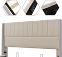 Drie detailafbeeldingen die de bevestiging van de lattenbodem en de bekleding van de beige gestreepte hoofdsteun van het bed laten zien.