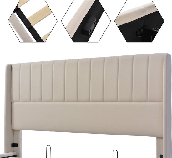 Drie detailafbeeldingen die de bevestiging van de lattenbodem en de bekleding van de beige gestreepte hoofdsteun van het bed laten zien.