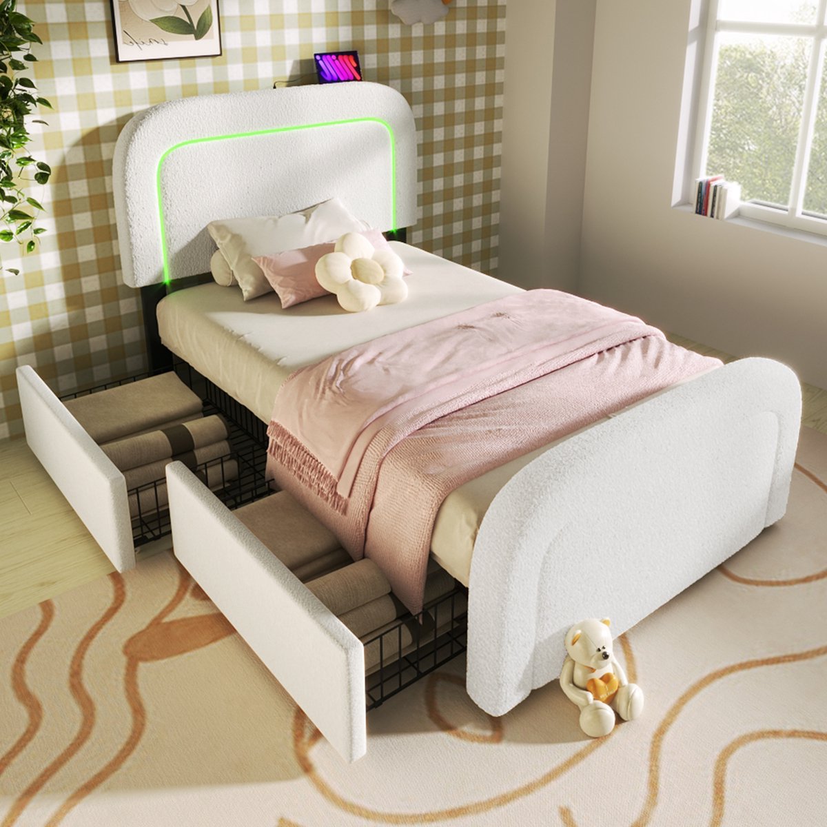 OKWISH Gestoffeerd Bed 90x200 cm - Bedbodems Met USB C-Oplaadfunctie En LED - Praktisch Opbergbed Met Lades - Sherpa - Wit