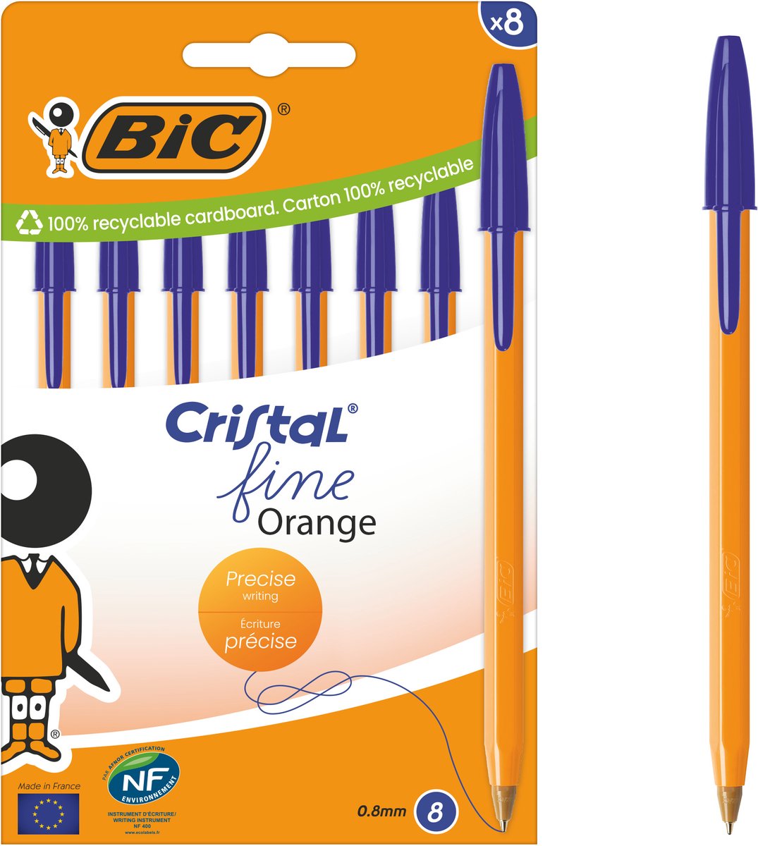 BIC Cristal Orange Original Fine Balpennen Set van 8 Stuks Beschrijving: