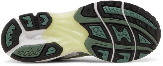 Zool van ASICS Gel-Kayano 14 sneaker in wit, zilver, zwart en groen.