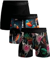 Drie Muchachomalo boxershorts: een zwarte, een met een ruimteprint, en een met een print van harten en tandwielen.