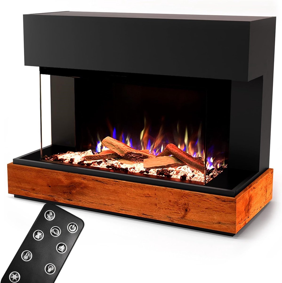 Elektrische Haard TasalFurniture CURIE Luxe 3D LED Vlammen – Vrijstaande Sfeerhaard met Verwarming 1500W – Realistisch Haardvuur met Timer & Afstandsbediening – Modern Design 114x89x41,5 cm – Zwart