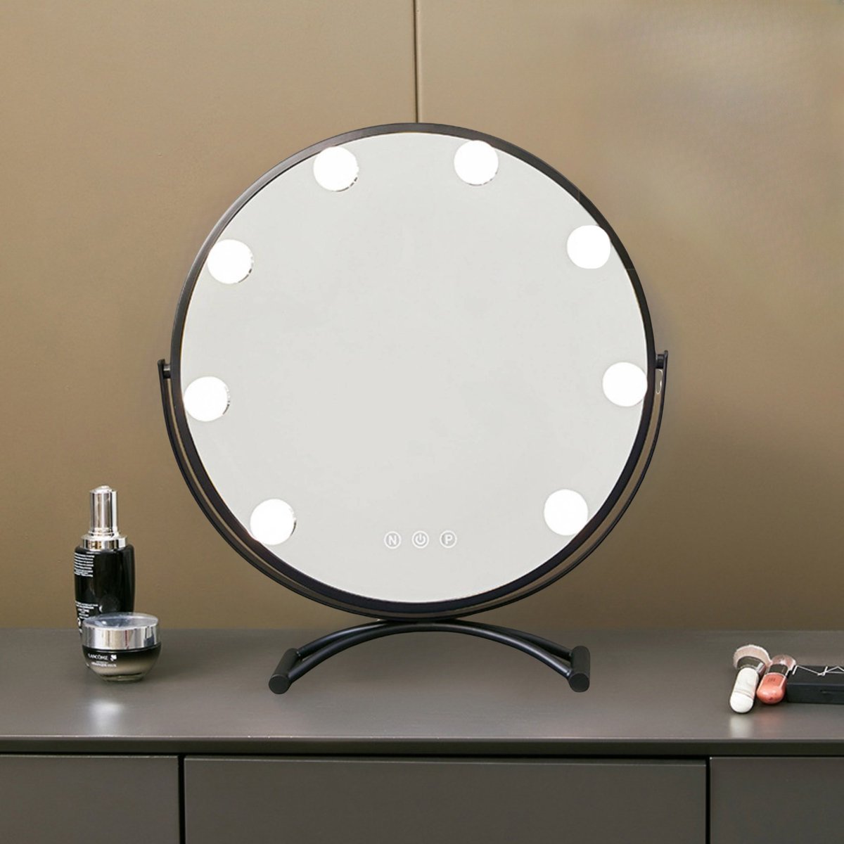 CHIWIN Hollywood Spiegel met Verlichting - 360° Draaibaar Makeup Spiegel Rond - 8x Led Lampen - Visagie Spiegel met Geheugenfunctie - 3 Kleurtemperaturen - Kaptafel Spiegel - Aanraakbediening Tafelspiegel - 30x34cm - Zwart