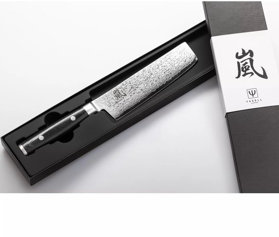 Yaxell Japonais - Série Ran - Couteau de Chef Nakiri - Acier VG10 - 61 HRC - Lame 16,5 cm - 69 Couches d'Acier Damassé - Toile-Micarta Heft