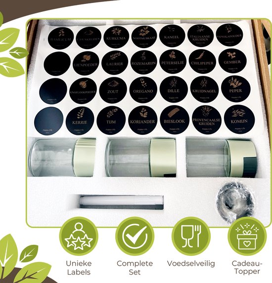 Inhoud van een kruidenpotjes set met glazen potjes, een rol met diverse kruidenlabels, trechter en marker.