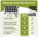 Vergelijking van kruidenpotjes sets: unieke etiketten, glazen potjes met groen deksel, trechter en marker.