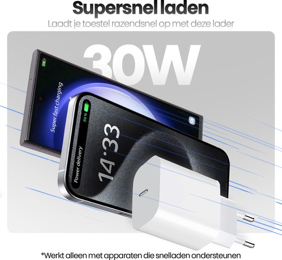 Witte 30W USB-C oplader laadt een smartphone supersnel op, met 'Super fast charging' indicatie.
