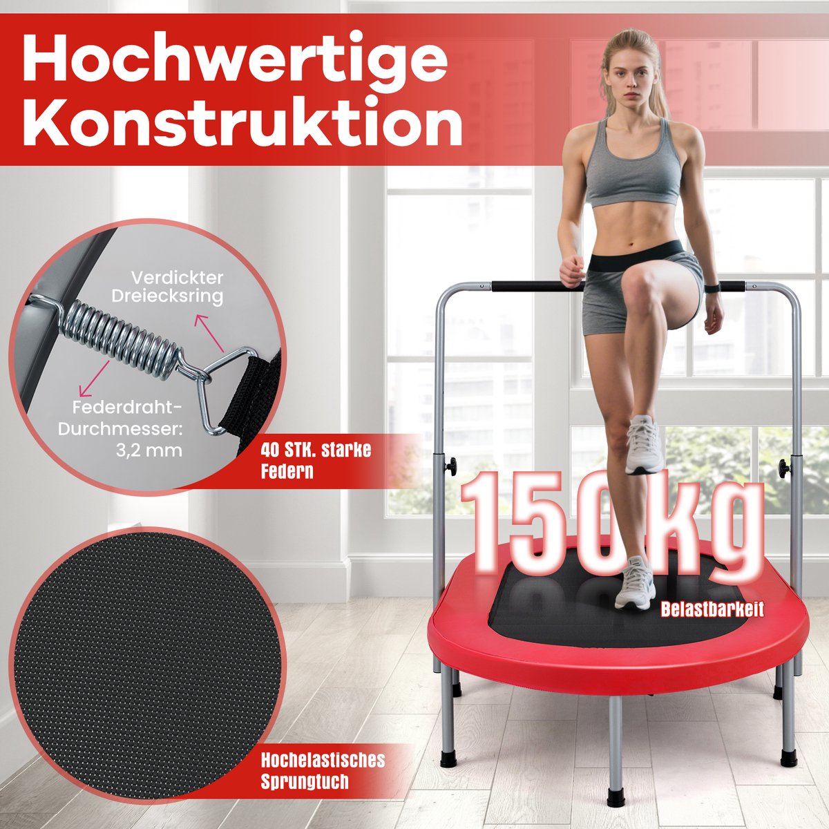 COSTWAY Trampoline voor 2 personen, met in hoogte verstelbare handgreep, mini-trampoline tot 150 kg belastbaar, kindertrampoline inklapbaar, tuintrampoline voor kinderen en volwassenen (rood) — afbeelding 4