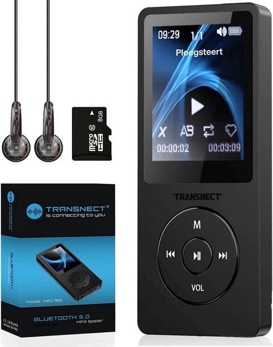 Transnect MP3-speler met oordopjes, SD-kaart en doos. "Bluetooth 5.0 MP3 Speler"