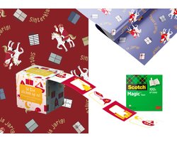 Product afbeelding van Sinterklaas inpak pakket - 4 rollen inpakpapier - plakband - sticker labelbox