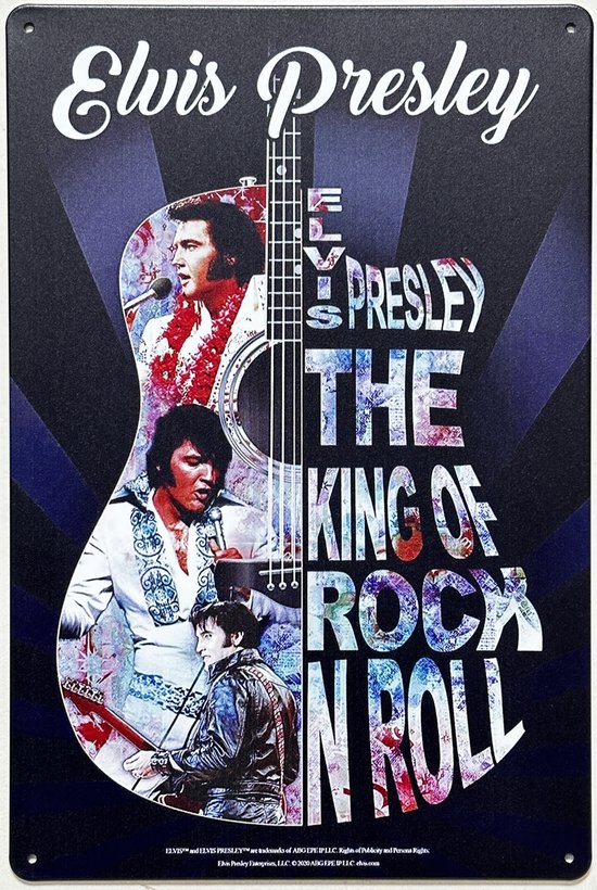 Elvis Presley King of Rock N Roll Reclamebord van metaal METALEN-WANDBORD - MUURPLAAT - VINTAGE - RETRO - HORECA- BORD-WANDDECORATIE -TEKSTBORD - DECORATIEBORD - RECLAMEPLAAT - WANDPLAAT - NOSTALGIE -CAFE- BAR -MANCAVE- KROEG- MAN CAVE