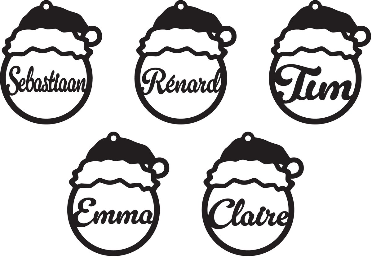 Gepersonaliseerde kerstballen uit hout met kerstmuts (Set van 5 stuks) - Personalised Wooden Christmas balls - Boules de Noël en bois, Tags: Kerstmis Kerstcadeau Geschenk Kerstbal Naam Eindejaarsgeschenk Winter Kerstboom Santa Familiegeschenk Simpel