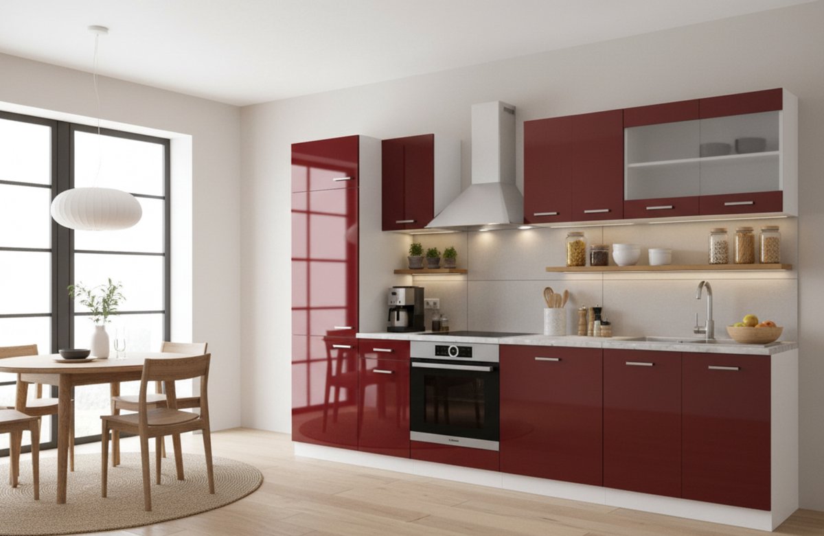 Keukenblok 300 cm Bordeaux Hoogglans/Wit – Modern, Wandmontage, Lichtgewicht met Verstelbare Plank, Werkblad Inclusief, 60 x 300 x 81,6 cm – Novihome Complete R-Line Keukeneenheid