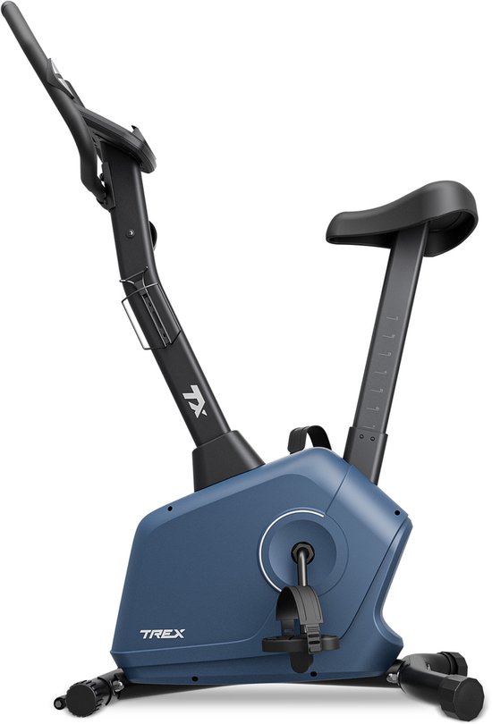 Blauwe Trex Sport hometrainer met zwart zadel en stuur.