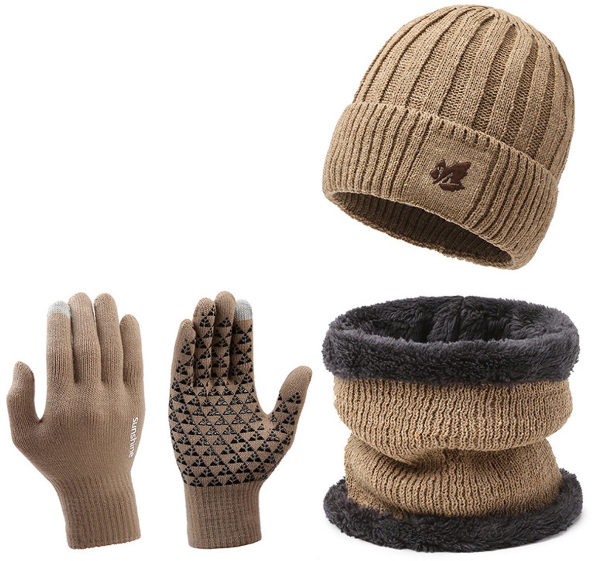 Set van 3 wintermuts, sjaal en handschoenen - Unisex - Dikke, koudebestendige sjaal, muts en handschoenen voor buiten - Muts 23*20cm - Sjaal 18*22cm - Handschoenen 21*12cm - Warmte voor buiten in de herfst/winter - Antislip handschoenen