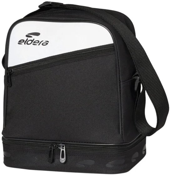 Zwarte jeu-de-boules tas met wit voorvak met Eldera logo. Twee compartimenten, onderste met logo's.