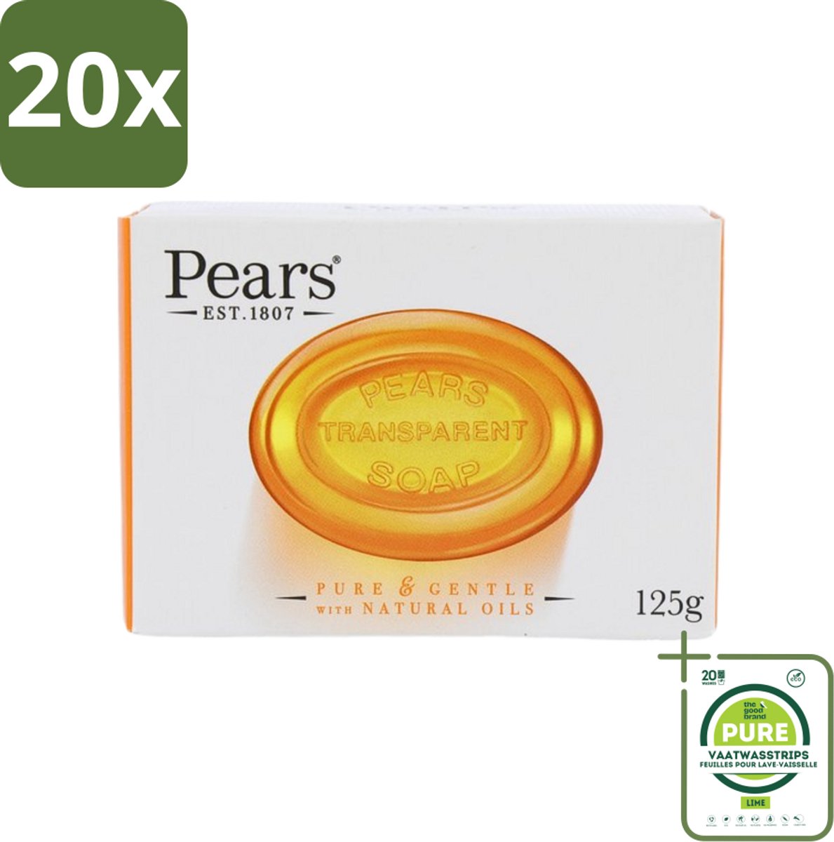 20 x Pears - Zeep - Transparant - Zacht - 125 Gr - Grootverpakking - Munt Zeep - Verfrissende Zeep - Reinigende Zeep - Pears Zeep - Groene Munt
