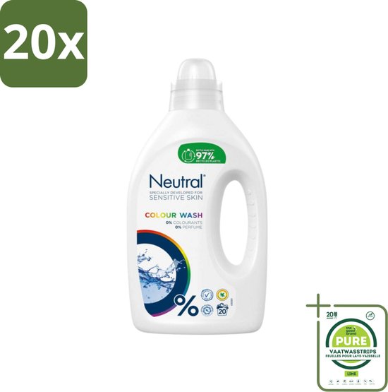 20 x Neutral Vloeibaar Wasmiddel Kleur 20 Wasbeurten 1 liter - Grootverpakking - Wasmiddel - Vloeibaar Wasmiddel - Kleurwas - Parfumvrij - Hypoallergeen
