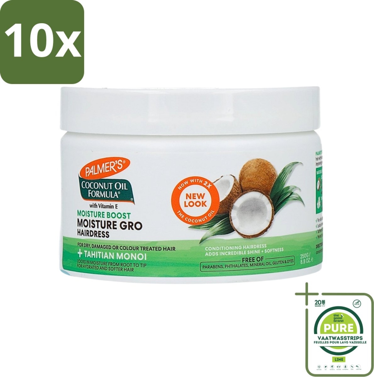 10 x Palmers - Cremespoeling - Coconut Oil - Condit Pot - 250 ml - Grootverpakking - Kokosnoot Conditioner - Haarkonditioner - Vocht Conditioner - Haarverzorging - Droog Haar