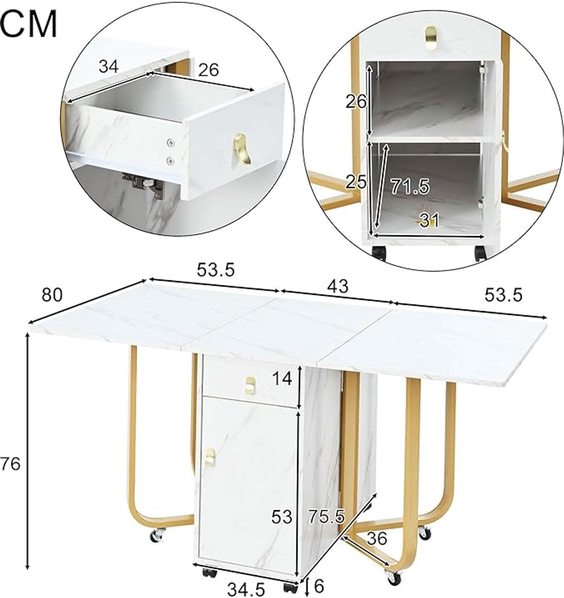 Opvouwbare Eettafel HomeByNicole – Luxe Gouden Keukentafel met 2 Laden en Kast, Ruimtebesparend, Multifunctioneel Bureau en Dressoir, MDF Marmerlook, Verstelbare Poten en Vergulde Handgrepen, 150x80x76 cm