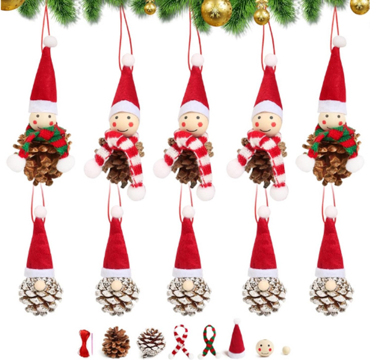 Set van 10 kerstboomhangers met dennenappels, kabouters voor DIY kerstdecoratie.