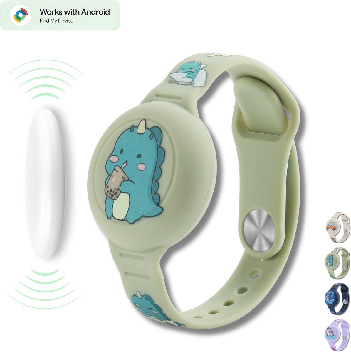 Tracker kind voor Android - Loshall - Compatibel met Android Find My - Armband inclusief tracker voor Android - Bluetooth tracker - Onbeperkte lokalisering - Google Find Hub - Met geluidssignaal - Waterdicht - Dinosaurus