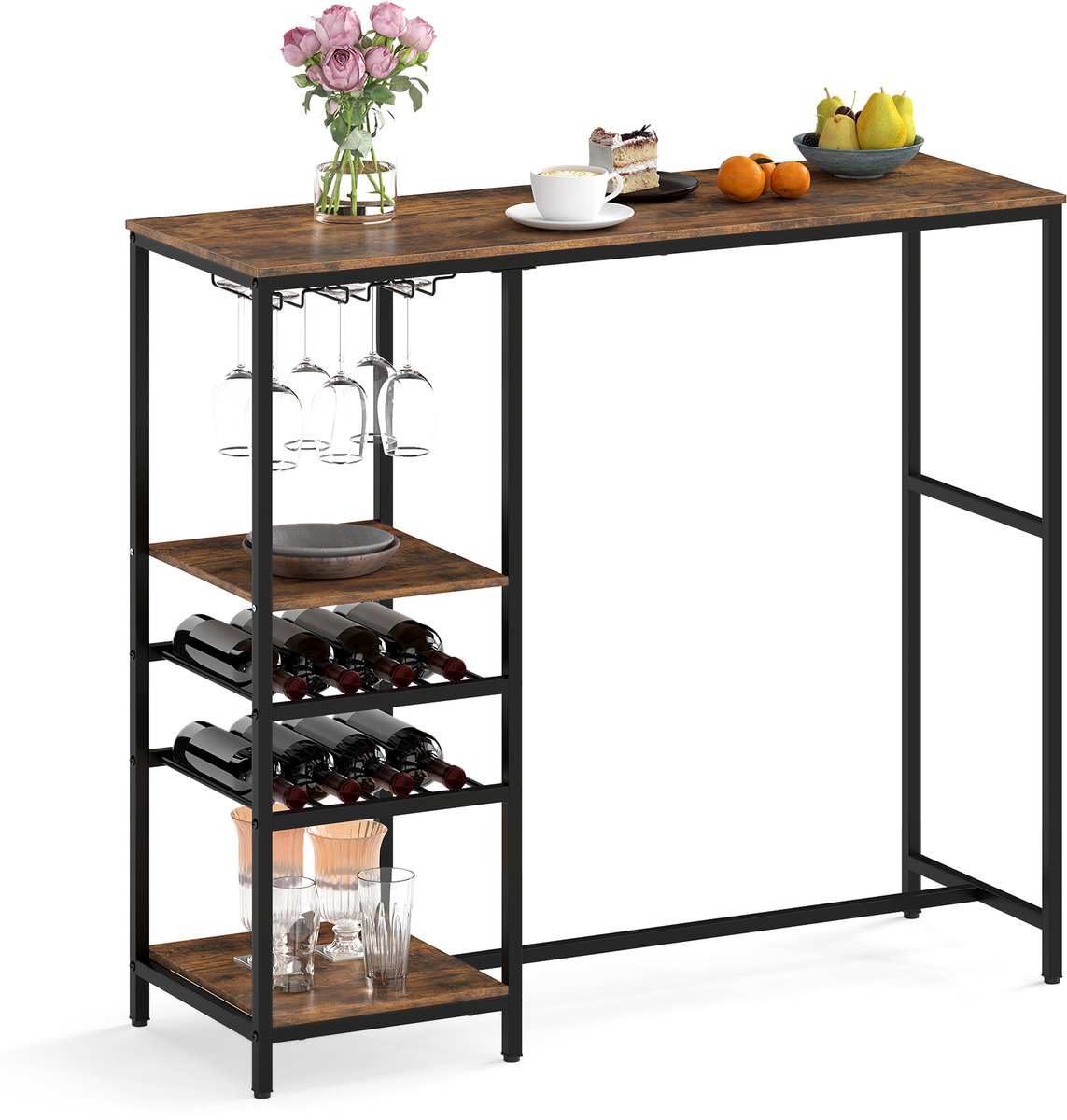 Costway Keuken Bartafel met Opbergvakken & Wijnrekken & Glazenhouders Keukentafel Bar Rustiek bruin + zwart