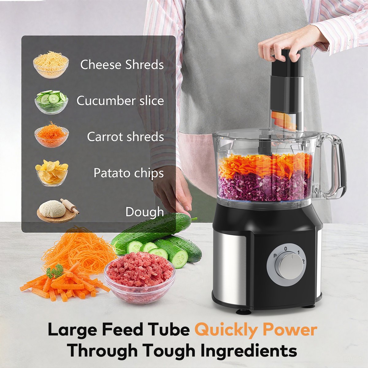 Royal Swiss® Foodprocessor 5-in-1 – 550W – Keukenmachine met Blender, Hakmolen, Citruspers & Snij-/Raspbladen – 2 Snelheden + Pulse – Black Edition thumbnail 2