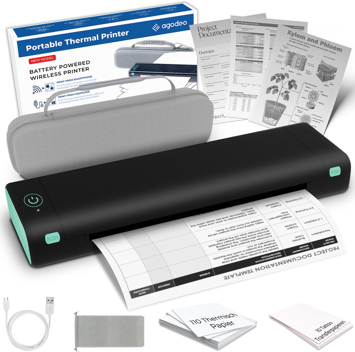Thermal Printer - Portable Printer A4 - Draagbare Printer A4 - Incl. 110 Vellen + Draagtas - Afdrukken met Telefoon of Computer - Kerstcadeau - Thermische Printer A4 - Draagbare Draadloze Printer - Portable Printer Wireless - Thermal Printer Mini