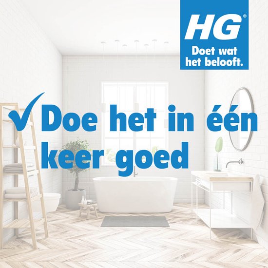 HG logo met tekst: 'Doet wat het belooft.' Een schone, moderne badkamer met een vrijstaand bad en een toilet. Tekst: 'Doe het in één keer goed'.