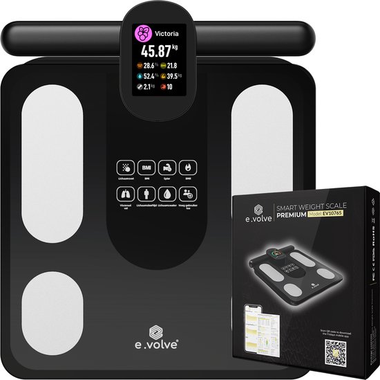 e.volve Weegschaal Personenweegschaal Digitaal - USB Oplaadbaar - Slimme Weegschaal met 32x Lichaamsanalyse - Incl. App & Handvat